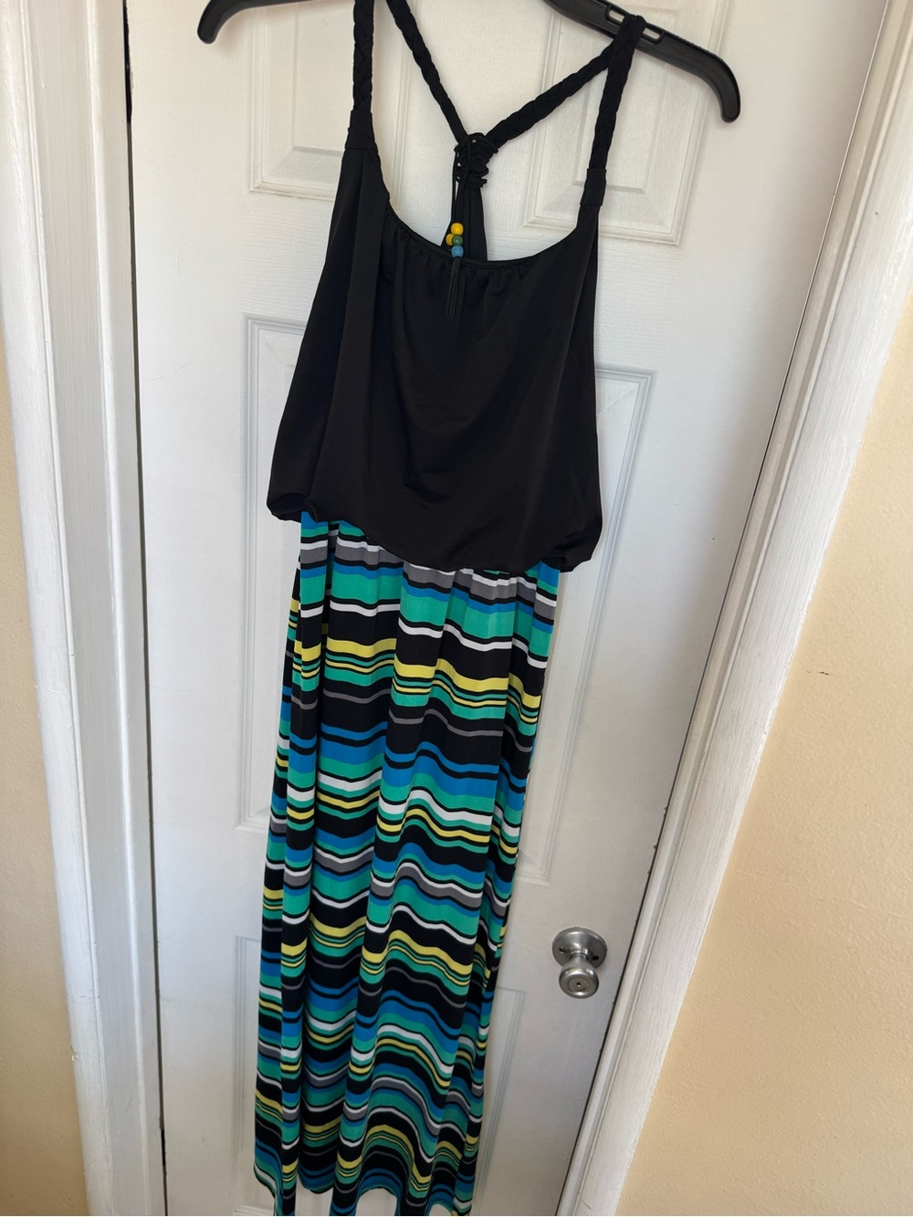 Speechless Black Bodice Striped Maxi Dress with Blue & Green Accents